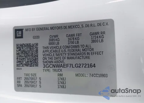 2020 Chevrolet Silverado 1500 2Wd Long Bed Wt z USA, uszkodzony, nr VIN 3GCNWAEF7LG272164